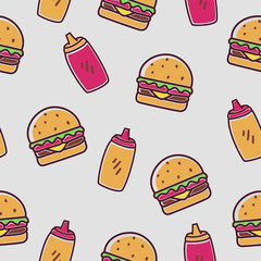 Burger and ketchup bottle seamless pattern with colorful hand drawn style suitable for background or wallpaper 