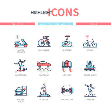 Modern and future vehicles - line design style icons set
