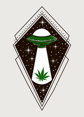 spaceship takes cannabis leaf, UFO tattoo