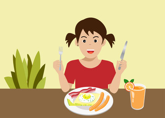 Little kid girl holding knife and folk eating delicious breakfast and orange juice with happy face. Isolated on light background. Vector Illustration. Idea for children food and nutrition.