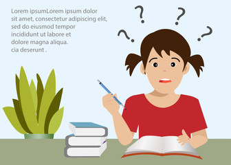 Little kid girl do homework with confused emotion and question marks. Isolated on light blue background. Vector Illustration. Idea for children education or studying at school/home.