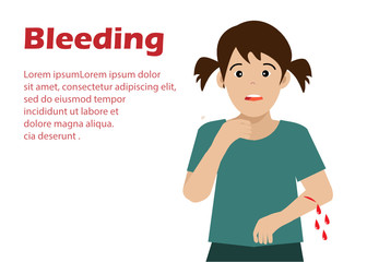 Little kid girl suffering from bleeding blood at her arm. Isolated on white background. Idea for accident and kid medical healthcare concept. Free copy space. Vector Illustration.