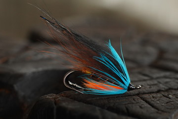 Traditionally dressed salmon fly shot against a wood background