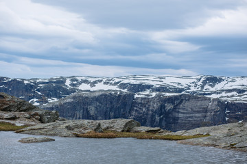 Norwegian landscape with a view of the fjord from a rock fragment Troll's tongue