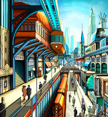 Illustration of a city street in the style of retro-futurism, suspension railway, train, art deco, the townspeople