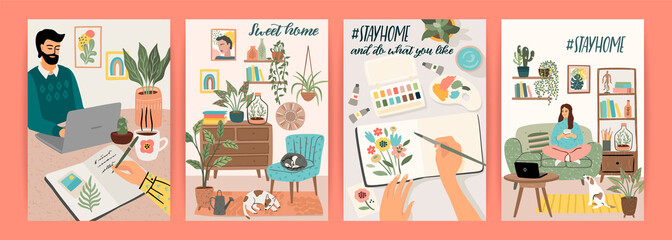 Stay at home. People stay in cozy house. Vector illustrations