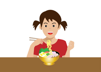 Hungry little kid girl use chopsticks holding pork ramen noodles in hot soup bowl to eat. Isolated on white background. Vector Illustration.  Idea for kid food and nutrition.
