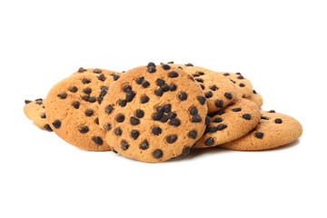 Tasty chocolate chip cookies isolated on white background