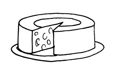 Cheddar cheese on a plate. Food, dairy products. Black and white hand drawn cartoon style vector illustration.