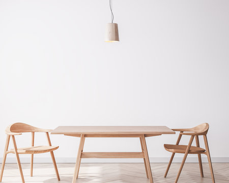 Bright Interior Dining Room With Wooden Big Table And Wooden Chairs On White Wall