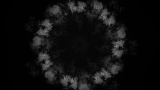 Low density smoke puff spreading concentrically outwards / Gunshot smoke / Shockwave smoke. Separated on pure black background, contains alpha channel.