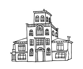 Fototapeta premium Old mansion, big house, luxurious palace. Old architecture. Black and white hand drawn style vector illustration. Indiana architecture, Asturias, Spain.