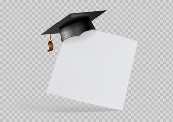 Graduation cap or mortar board on paper corner.