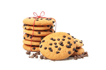 Tasty chocolate chip cookies isolated on white background