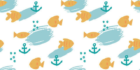 Vector seamless pattern with hand drawn summer elements, fish nautical designs, anchor fish ocean bubble sea vacation tropical