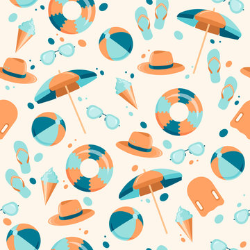 Seamless summer vector pattern. Beautiful background with beach accessories and a bouncy ball and a circle.