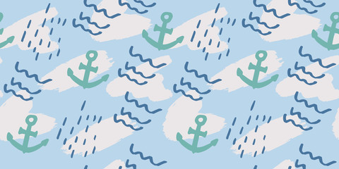 Vector seamless pattern with hand drawn summer elements, nautical designs, anchor ocean bubble sea vacation tropical