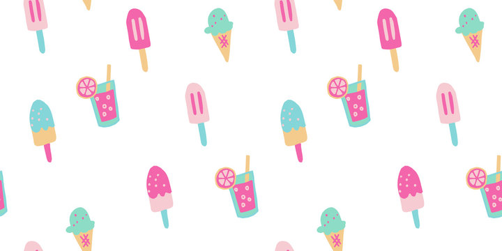 Seamless popsicle summer ice cream vector pattern. Cute juicy summer soda drinks and desserts for wallpaper textile fabric designs. Cute vector illustrations in hand drawn style