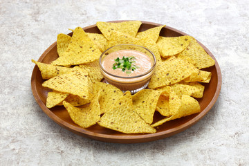tortilla chips with karashi mentaiko(spicy pollack roe) dip