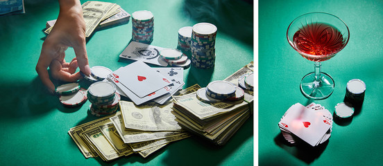 collage of female hand with casino tokens, playing cards, money and glass of cocktail on green, panoramic shot