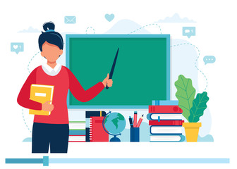 Fototapeta Online learning concept. Female teacher with books and chalkboard, video lesson. Vector illustration in flat style obraz