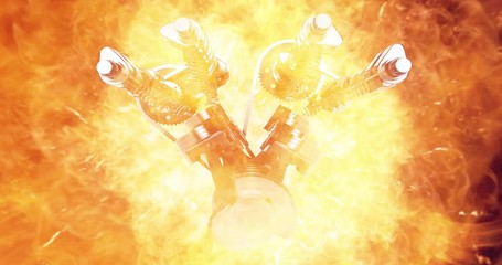 Performance Racing Car Dashboard. Pushing The Limits. Tachometer Showing Extreme Performance. Powerful V8 Engine Working In Flames. Technology And Industrial Concept 3D Animation Illustration Render