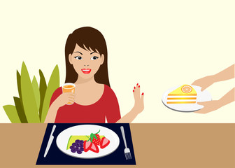 Young beautiful woman eating healthy breakfast, fresh fruits and orange juice, refuse to have cake. Vector Illustration. Idea for healthy food, diet and nutrition.