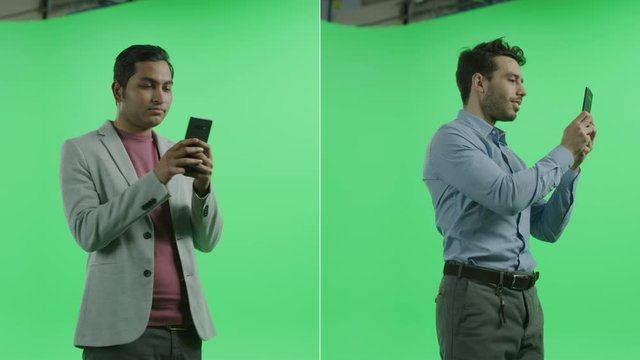 2-in-1 Green Screen Collage: Two Separate Men Wearing Suit and Business Casual Clothes, Standing, Using Smartphones. Multiple Angle Best Value Package with 360 Degree Tracking Arc Shots