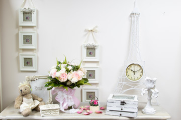 bouquet of fresh flowers, photo frames, vintage bear, watch, box for your beloved gift