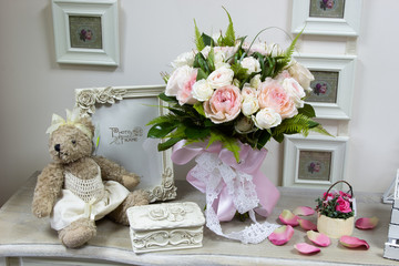 bouquet of fresh flowers, photo frames, vintage bear, watch, box for your beloved gift