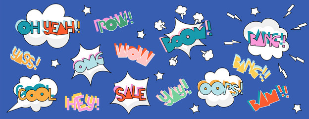 Pop art speech bubble collection. Set of isolated hand-drawn vector speech bubbles in variety of colours. Retro style illustrations on a dark blue background. 