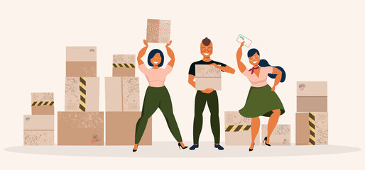 Post office team and parcels. Hand-drawn vector illustration of people sending packages. Big delivery boxes and delivery team. An isolated group of elements on a soft beige background.