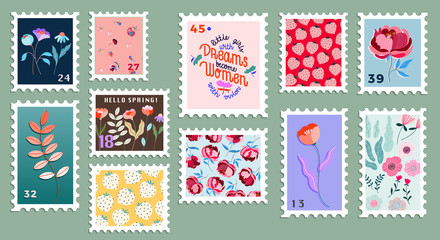 Set of beautiful hand-drawn post stamps. Variety of modern vector isolated post stamp designs. Floral post stamps. Mail and post office conceptual drawing. - obrazy, fototapety, plakaty