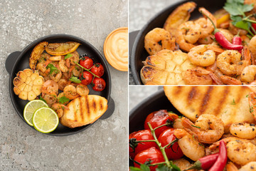 collage of fried shrimps with grilled toasts, vegetables and lime near sauce on grey concrete background