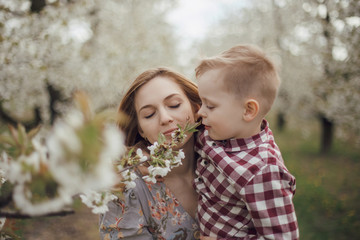 Obraz premium Mom with her son in a blooming garden. Walk with baby in nature in spring. Garden in Grojcu.