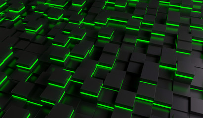 abstract image of cubes background in green light. 3D rendering illustration