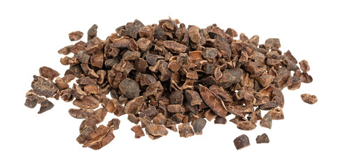 Small portion of cocoa nibs on a white background