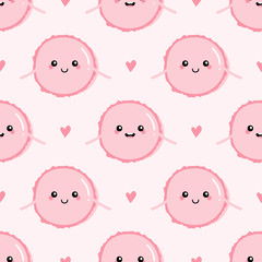 Vector seamless pattern background with cute cartoon pink macaron characters and hearts.