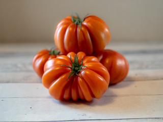 four tomatoes on a light table