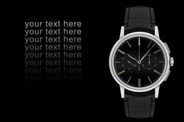 expensive luxury classic modern wrist watch. black crocodile strap. isolated on a black background....