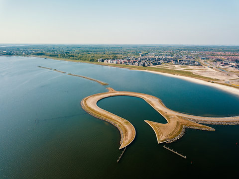 Aerial drone shot over the manmade Tulip Island in the Zeewolde, Netherlands.