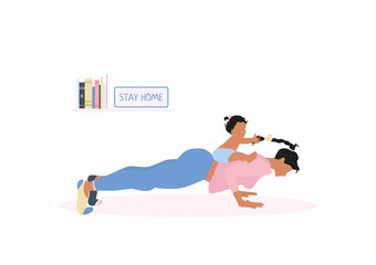 Single mom in different socks do push ups exercise with baby girl sitting on her back during coronavirus quarantine (lockdown). Sport, home fitness with child. Mother and daughter. Isolated, flat.