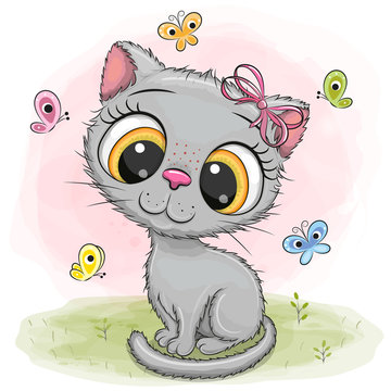 Cartoon Kitten girl on a meadow with butterflies