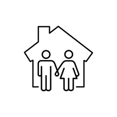 Concepto vivienda familiar. Icono plano lineal hombre y mujer en casa en color negro