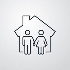 Concepto vivienda familiar. Icono plano lineal hombre y mujer en casa en fondo gris