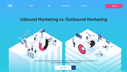 Inbound vs outbound marketing concept vector illustration in isometric design. Magnet and megaphone attract customers by different ways. Website banner or header. 