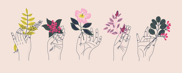 Collection of hands holding bouquets or bunches of blooming flowers. Bundle of floral decorative design elements isolated on light background. Set of elegant summer gifts. Flat vector illustration.