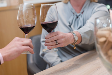 Close up on wine glasses in vineyard shop at tasting experience