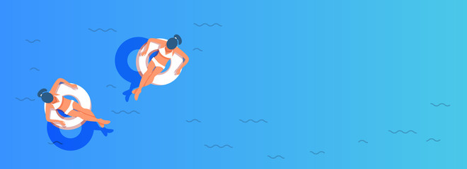 Summer time. Lovely girls in swimsuits swimming with circle in the sea or pool on a blue background with copy space. Vector illustration