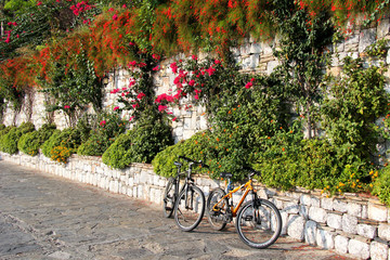 Fototapeta na wymiar Two bicycles stand against an old stone wall decorated with flowers.